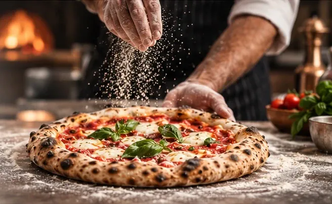 Pizza chef dusting flour over a Neapolitan pizza fresh from the oven