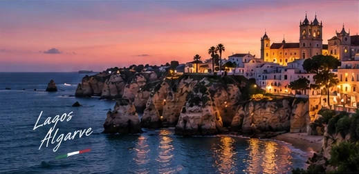 Cliffs and the historic centre of Lagos at sunset