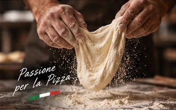 Hands stretching pizza dough on a floured worktop